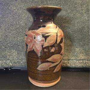 Studio Art Pottery Vase Impressed Leaf Design Rustic Stoneware Glaze